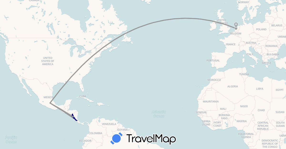 TravelMap itinerary: driving, plane in Costa Rica, Mexico, Nicaragua, Netherlands (Europe, North America)